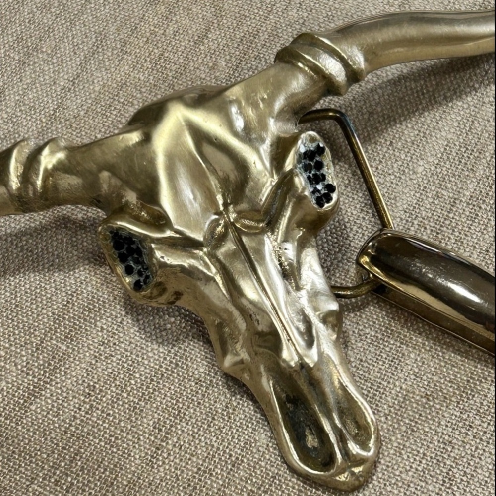 Vintage Longhorn Bull Skull Brass Belt Buckle Black Crystal Eyes - Picture 13 of 13